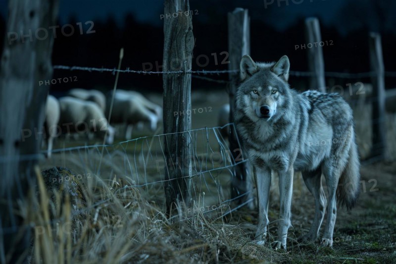 A wolf stands at a pasture fence at night and observes a grazing flock of sheep, symbolic image for herd protection, danger, killing by wolf attack, AI generated, AI generated, AI generated