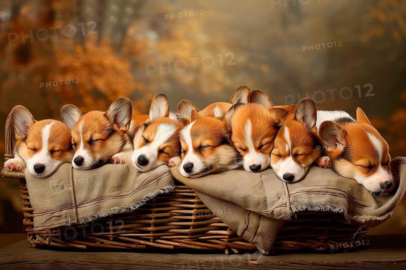 Litter of Cardigan Welsh corgis sleeping in a wicker basket, AI generated