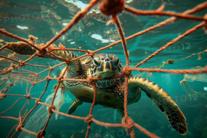 A sea turtle, hawksbill turtle caught in a fishing net, symbolic image for endangered species, marine animals pollution, marine pollution, pollution of the oceans, AI generated, AI generated, AI generated