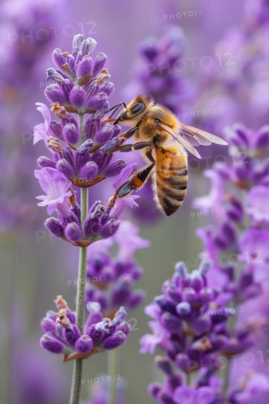 Bee, honey bee (Apis sp.) sitting on a lavender flower (Lavandula), AI generated, AI generated, AI generated