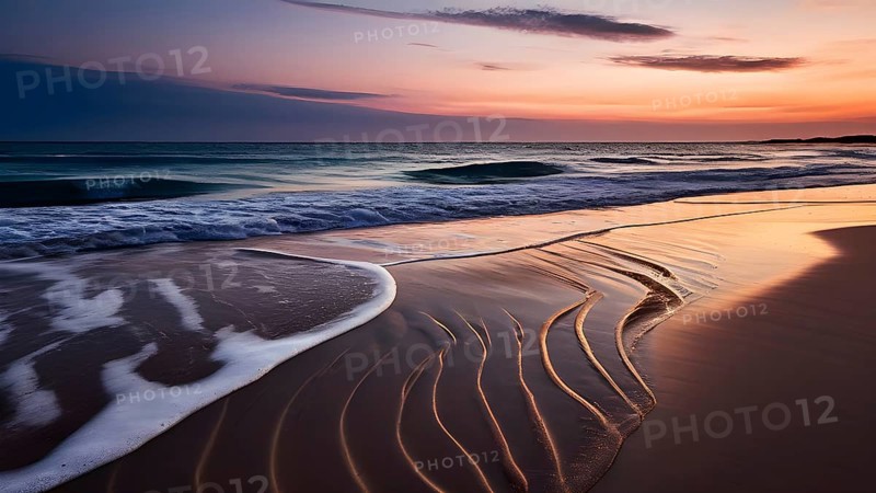 Sunset mood on a whispering tranquil costal landscape with sandy beach, AI generated