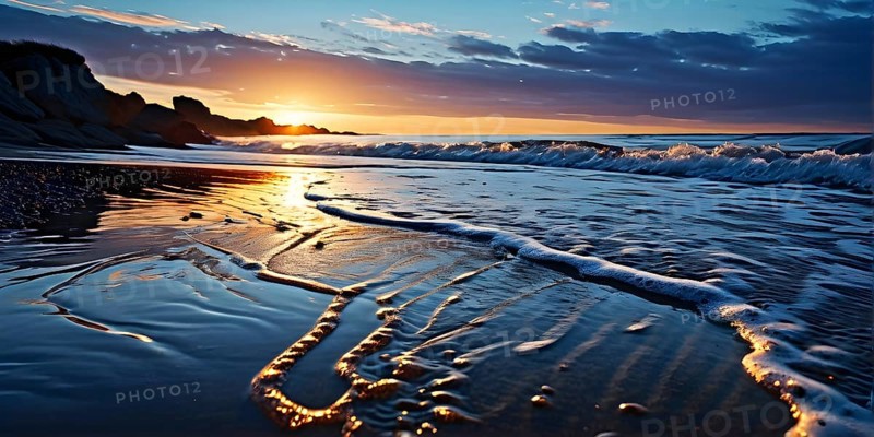 Sunset mood on a whispering tranquil costal landscape with sandy beach, AI generated