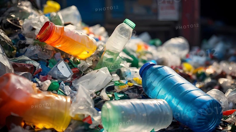 Plastic recycling process with shredded pet bottles and assorted plastic waste compressed, AI generated