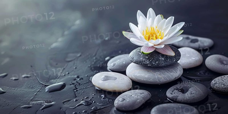 Zen stacking stones piled in balanced with white lotus flower on top. Generative Ai, AI generated