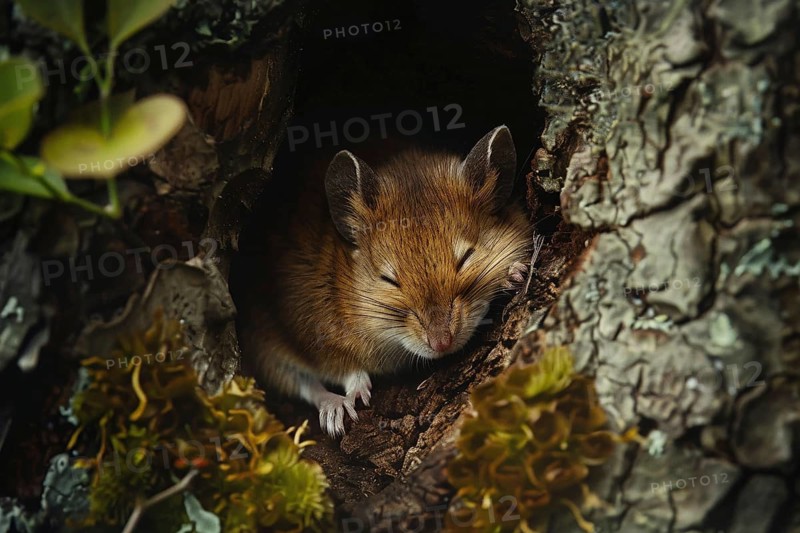 Cute small brown mouse sleeping in tree. Generative AI, AI generated
