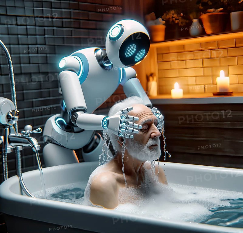 A humanoid robot washes an old man in a bathtub, symbolic image elderly care, nursing crisis, old age, illness, frail, cybernetics, AI generated, AI generated