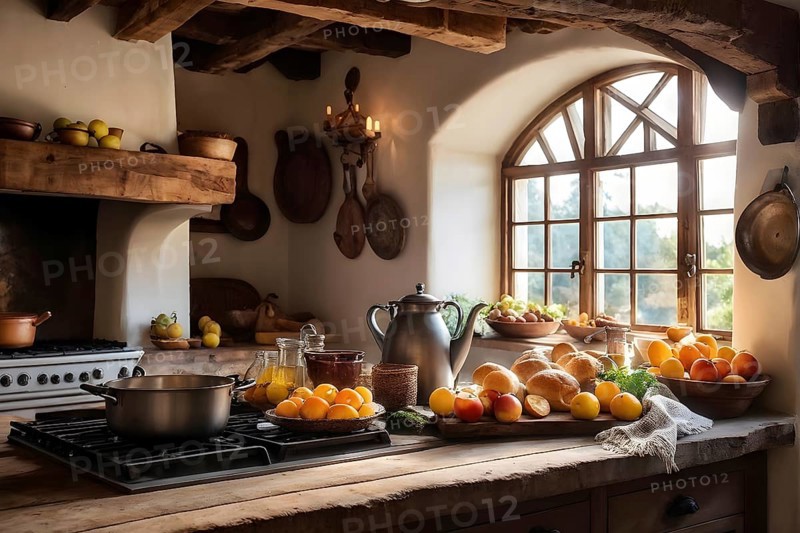 Rustic kitchen interior with exposed wooden beams, a farmhouse sink, and a table set with freshly baked bread, a bowl of fruits, AI generated
