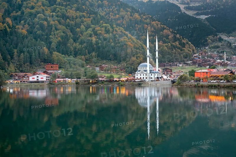 Uzungol mosque reflecting in the lake, Trabzon, Turkey, Asia