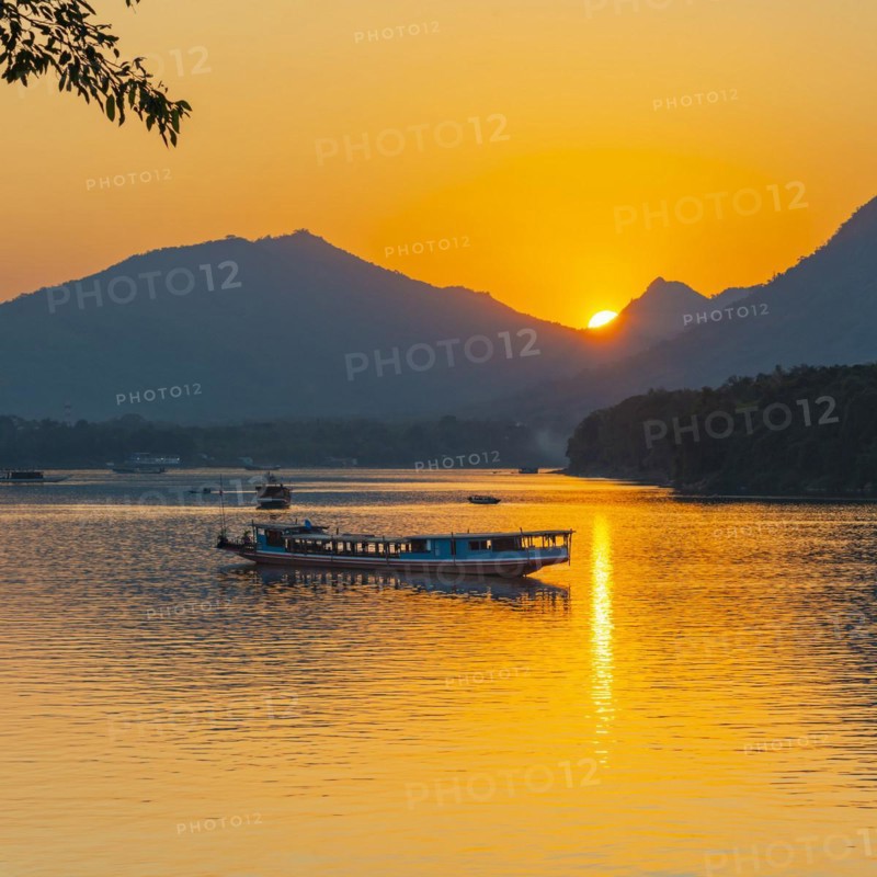 Sunset on the Mekong near Luang Prabang, Laos, Asia