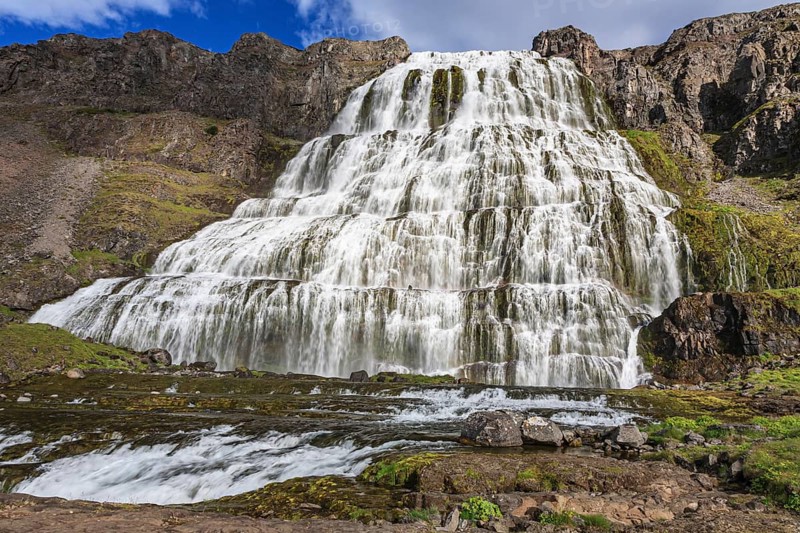 Waterfall, sunny, midday light, mountains, Dynjandi, Westfjords, Iceland, Europe