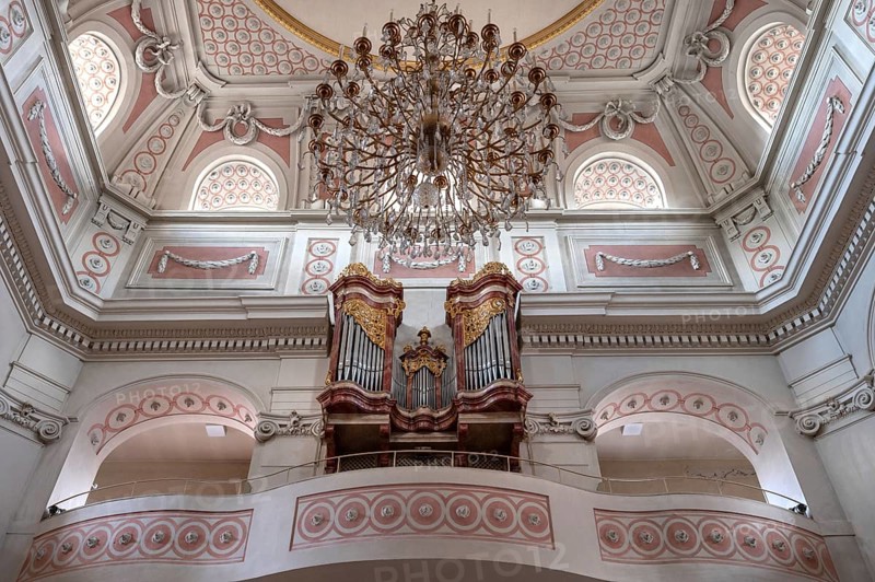 Organ loft of St James' Church, built 1772-1775, Bad Kissingen, Lower Franconia, Bavaria, Germany, Europe