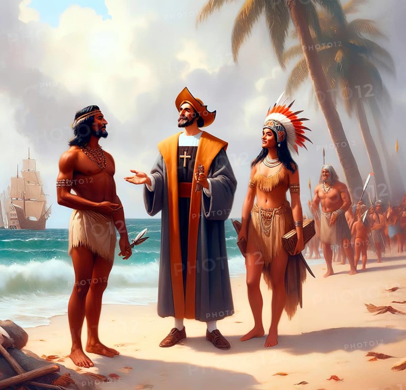 A Catholic priest, a missionary, proselytises indigenous Native Americans with the cross, AI generated, AI generated
