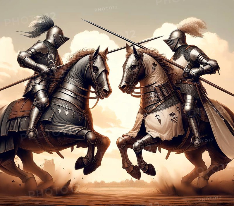 Two medieval knights ride a horse and fight in armour, helmet and with a lance in a jousting tournament, AI generated, AI generated