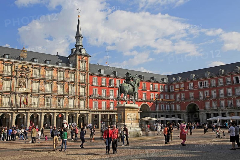 Plaza Mayor, Madrid, Spain designed 1619 Juan Gomez de Mora central square tourist attraction in the heart of the city