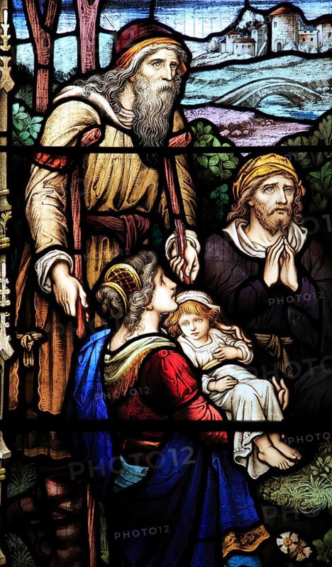 Detail of Jesus Christ the Good Physician, stained glass window, Church of Saint Mary, Mendlesham, Suffolk, England, UK