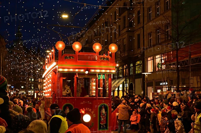 St. Nicholas parade or Chlaus parade with Märlitram along Bahnhofstrasse, city centre, Zurich