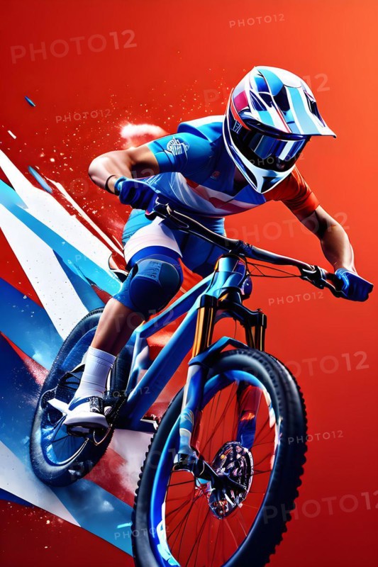 Bmx olympic cycling racer transformed into fluid abstract shapes french tricolor blue white red, AI generated