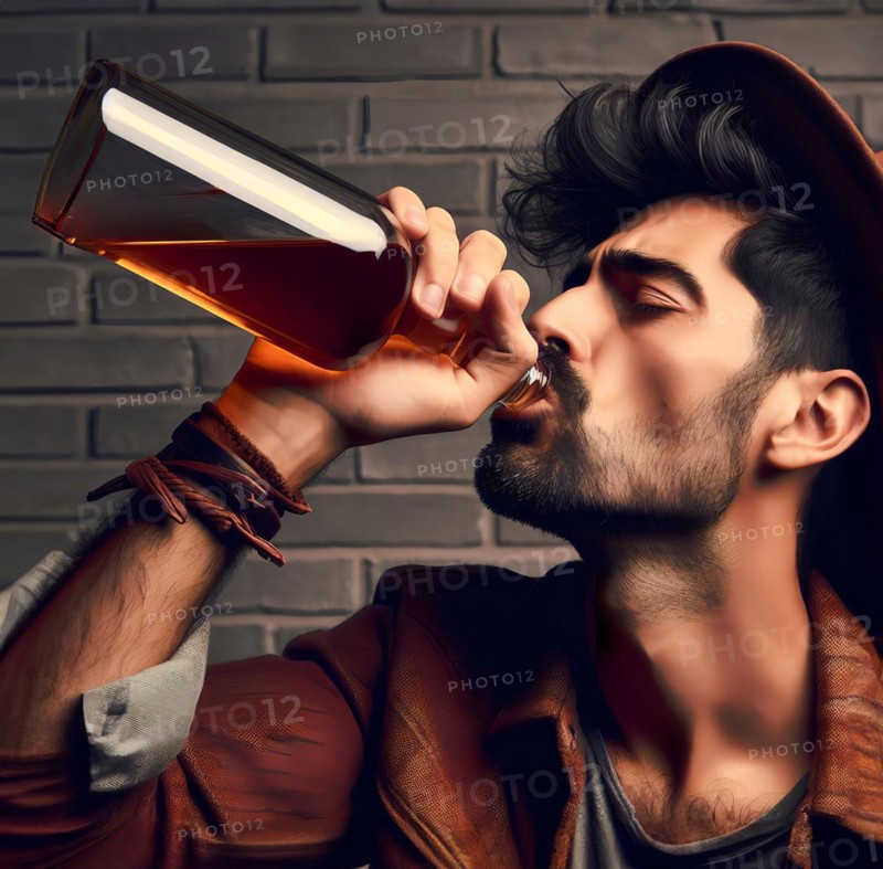 A desperate man drinks liquor from a liquor bottle, symbol image frustration, depression, depressed, alcohol, alcoholised, drunk, alcoholic, AI generated, AI generated