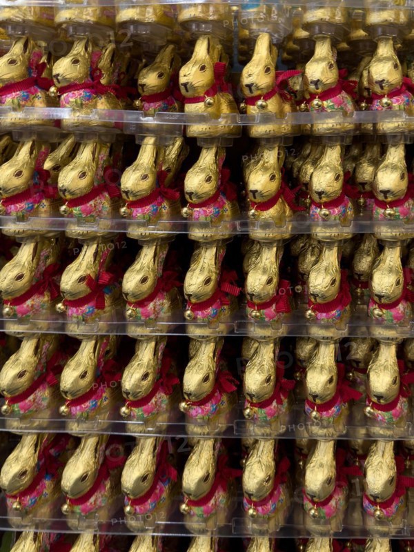 Display in shelf of wholesale of chocolate Easter bunnies Easter bunnies colour gold of red staniol paper of chocolate displayed offered in plastic tagere, Germany, Europe