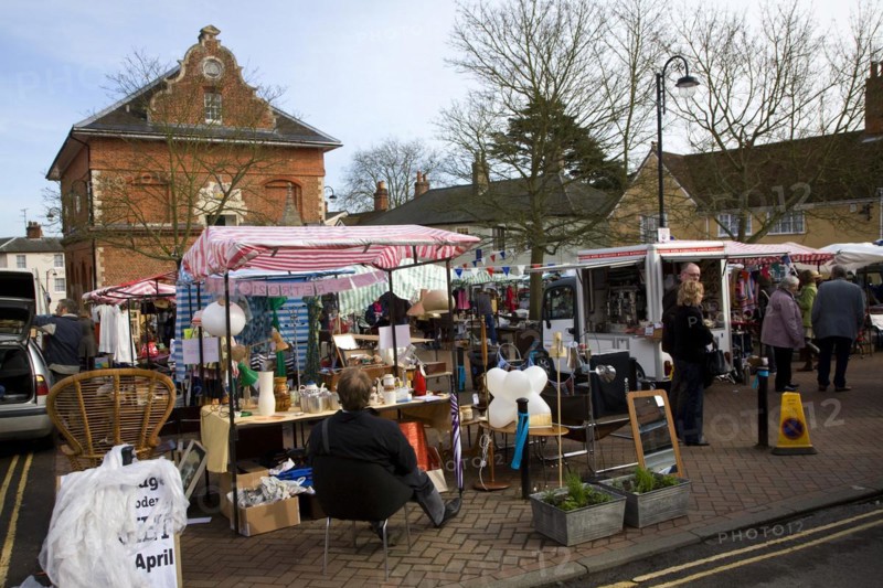 Street market, Market Hill, Woodbridge, Suffolk, England, UK