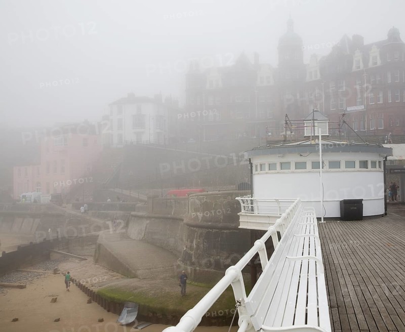 Foggy weather obscures the seafront at the seaside town of Cromer, north Norfolk coast, England, United Kingdom, Europe