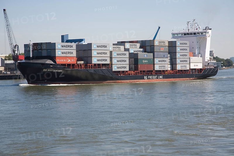 Heavily laden container ship 'BG Rotterdam' on the River Maas, Port of Rotterdam, Netherlands