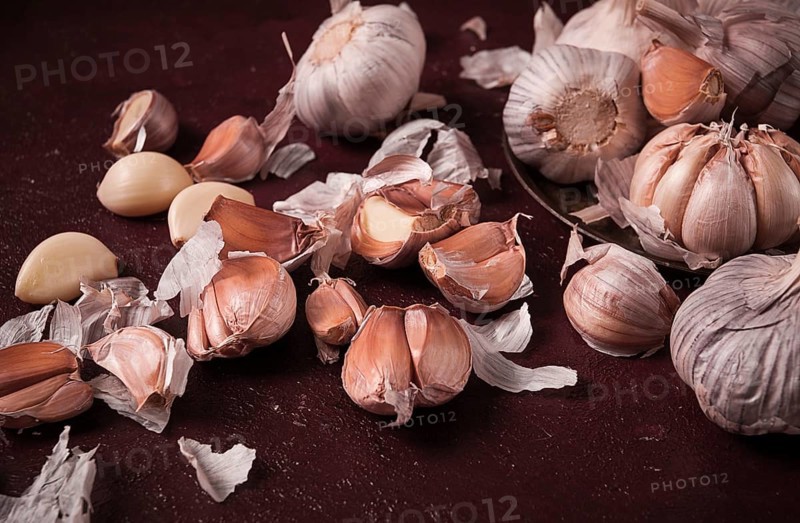 Fresh garlic, on a dark background, top view, food concept