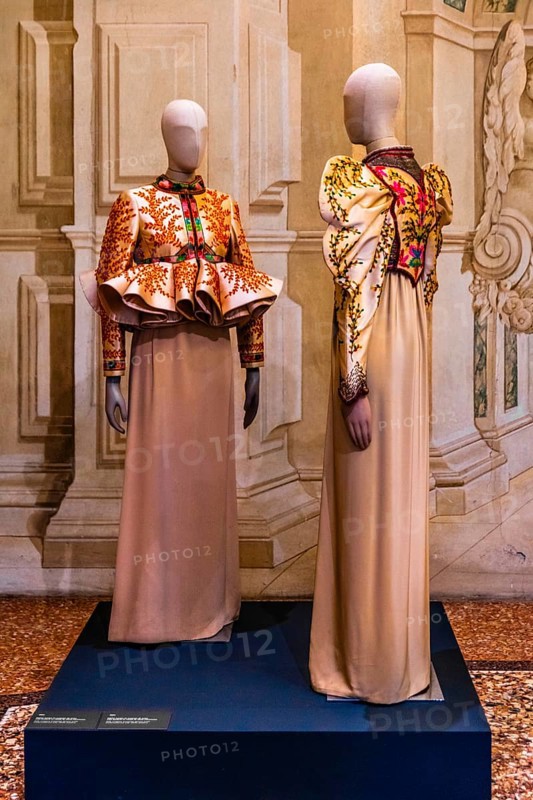 Evening dress in silk crepe with embroidered bolero in silk faille, 1984, exhibition of magnificent evening dress creations by fashion designer Roberto Capucci, 17th century Villa Manin, residence of Ludovico Manin, Codroipo, Friuli, Italy, Codroipo, Friuli, Italy, Europe