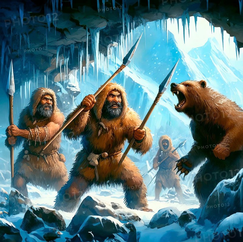 Prehistory, prehistoric times, ice age, an extinct cave bear is attacked by ice age hunters, AI generated, AI generated
