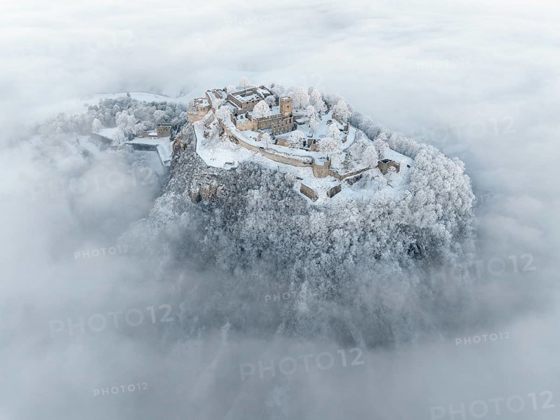 Aerial view of the Hegau volcano Hohentwiel with Germany's largest fortress ruins rising out of the sea of fog, Singen am Hohentwiel, Constance district, Baden-Württemberg, Germany, Europe