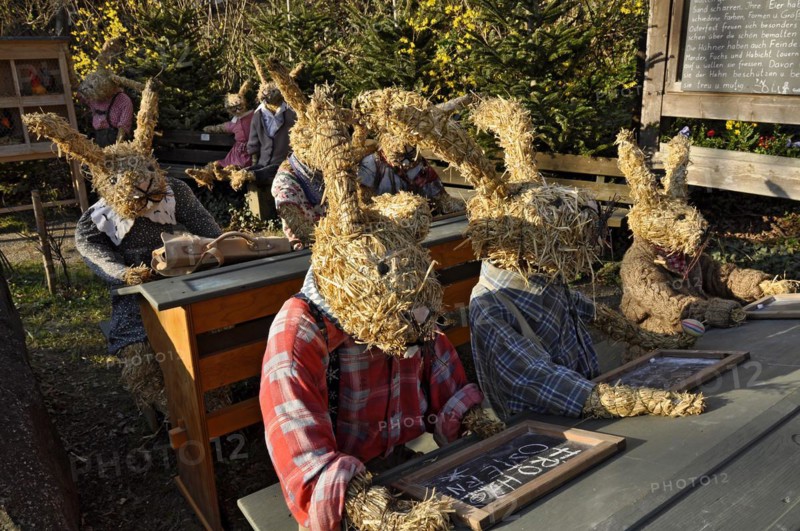 Life-size straw dolls, pupils as Easter bunnies at school, Oberneuching near Erding, Upper Bavaria, Bavaria, Germany, Europe