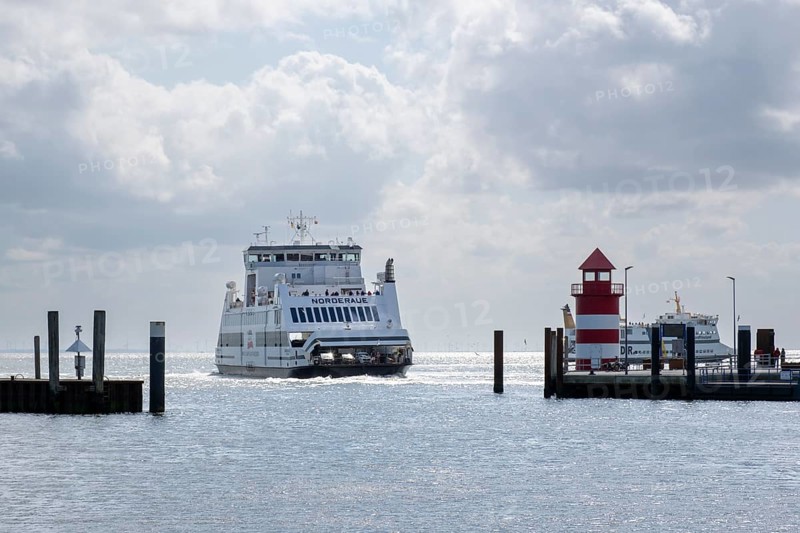 Departing ferry in the harbour entrance, harbour, Wyk, Föhr, North Sea island, North Frisia, Schleswig-Holstein, Germany, Europe