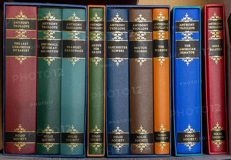Folio Society books editions of Anthony Trollope novels viewed from above looking down, UK