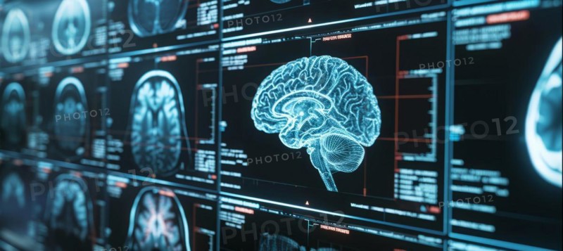 Concept of neural science, brain computer AI interface, scan, brain neurology and neural network, AI generated