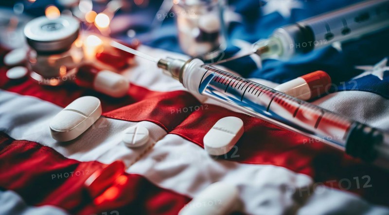 Painkiller epidemic in the US, tablets, needles and syringes lying on American flag, AI generated