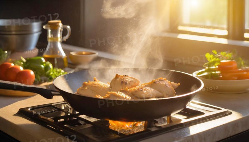 A person is cooking chicken in a pan on a stove. The pan is filled with a red sauce and the chicken is surrounded by steam, AI generated
