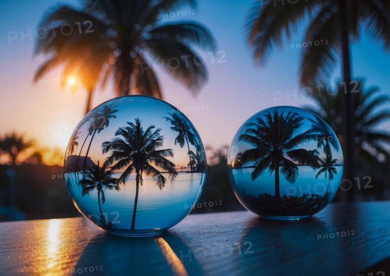 A hand holding a glass sphere with a palm tree reflected in it. The scene is set on a beach at sunset. earth conservation concept, AI generated