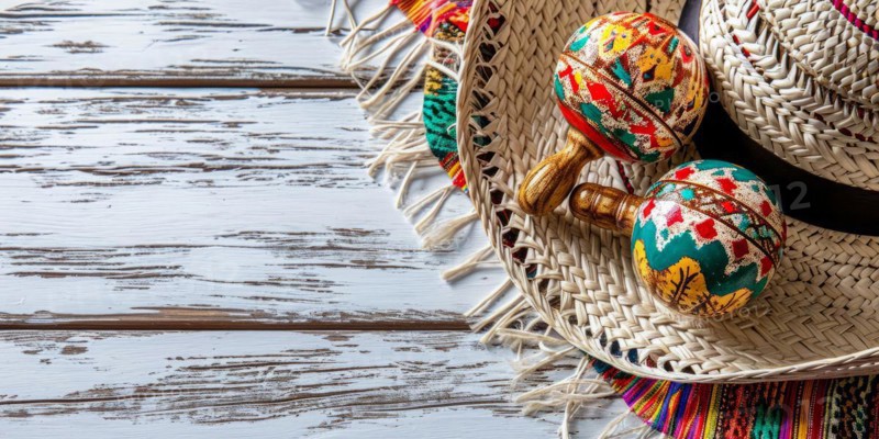 Mexico festive wooden background with sombrero, serape and maracas in flat lay view, AI generated