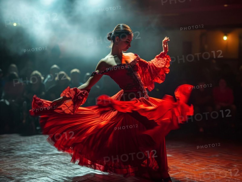 Passionate spanish gypsy national culture dance flamenco performed by a female dancer, AI generated