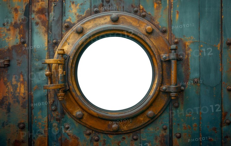Vintage aged brass ship porthole mounted on a wooden hull with a white background. generative AI, AI generated