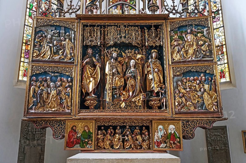 Late Gothic winged altar by Michael Wohlgemut completed in 1508, town church of St John and St Martin, built in the 15th century in Gothic style, Schwabach. Middle Franconia, Bavaria, Germany, Europe