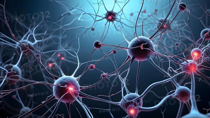 Abstract microscopic view on nerve cells intermingled with cancer cell, AI generated
