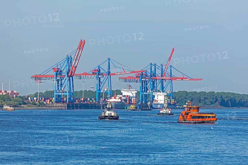Tugboat, ferry, Burchardkai container terminal, Norderelbe, Hamburg, Germany, Europe