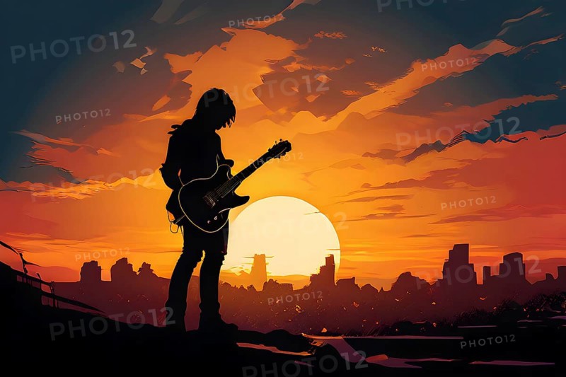 Illustration of a rock star silhouette clutching guitar against abstract urban skyline morphing into sunset, AI generated
