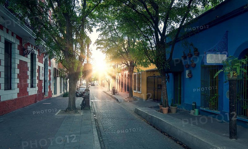 Mexico, Mazatlan, Colorful old city streets in historic city center near El Malecon and ocean shore, Central America