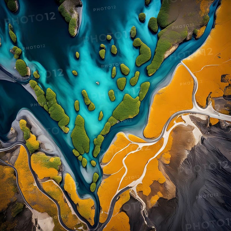 Aerial view perpendicular top down of an abstract colorful river along the coastline, AI generated