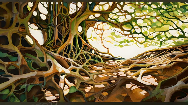 Abstract illustration depicting the branching patterns of tree roots representing natural optimization in structural engineering, AI generated