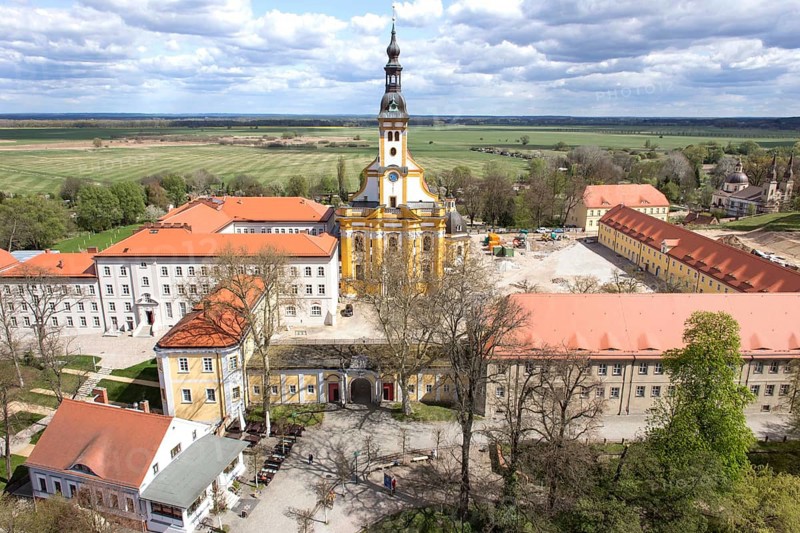 Neuzelle, 16.04.14 JE, Aerial view of Neuzelle Monastery. The Cistercian monastery with the Catholic church of St Mary from the 15th century is the only remaining one in Brandenburg, 16.04.2014
