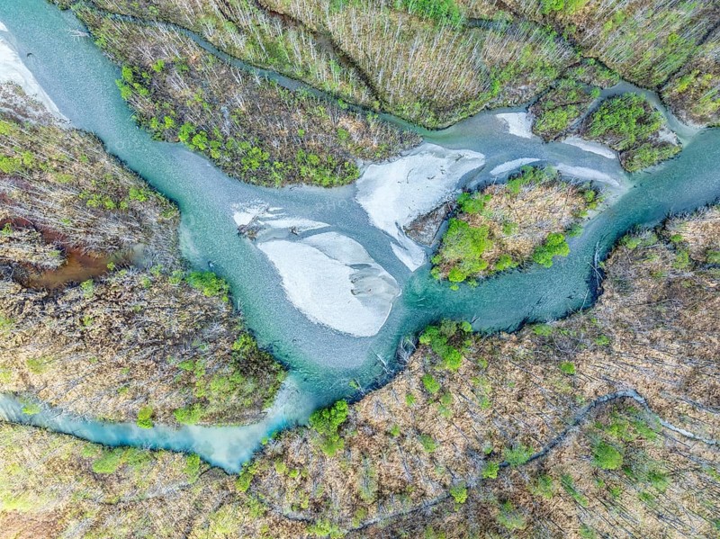 The widely branching arms of river Jostedalsola, a glacial river originating in the Jostedalsbreen glacier, Norway, Europe