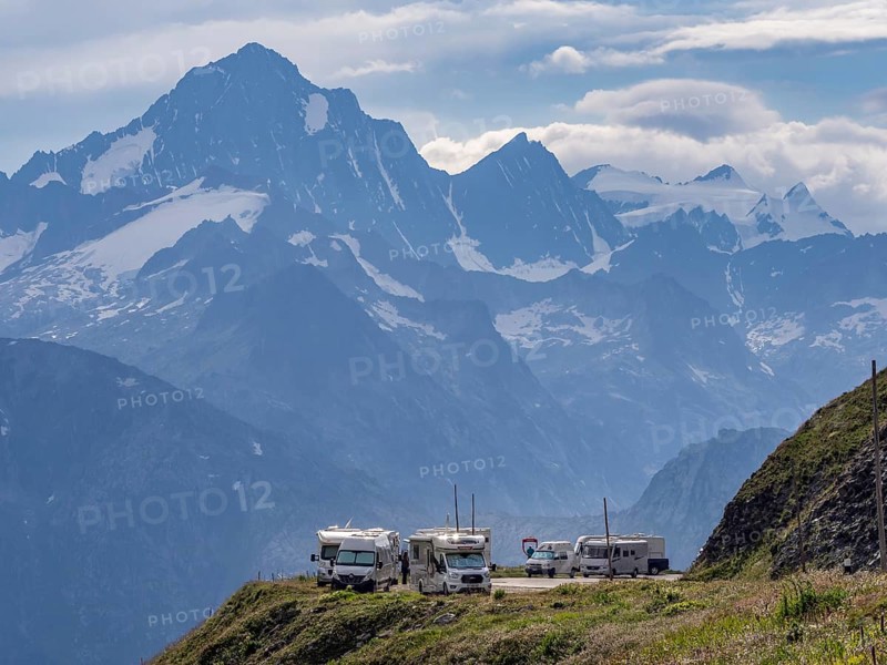 Mobile homes stay overnight along the Furka pass mountain road, Switzerland, Europe